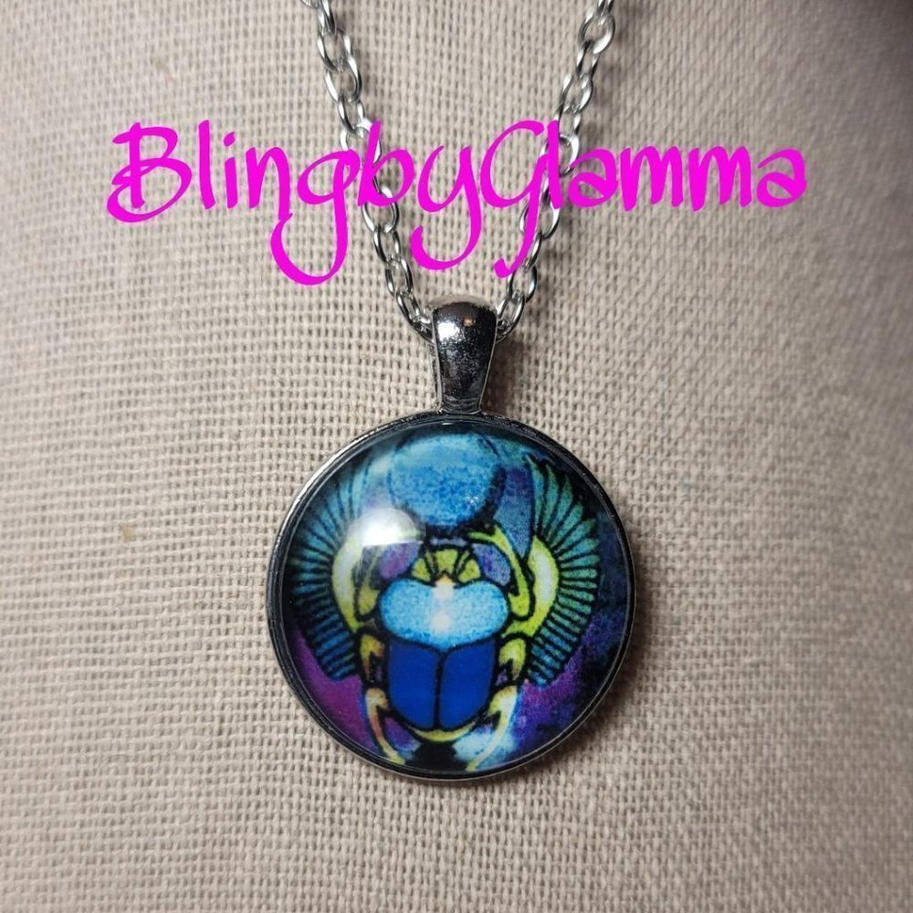 Beautiful EgyptianBlue Scarab Beetle Cabochon Necklace